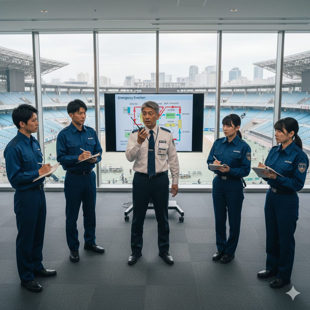 指導教育責任者が警備員たちに研修を実施している様子