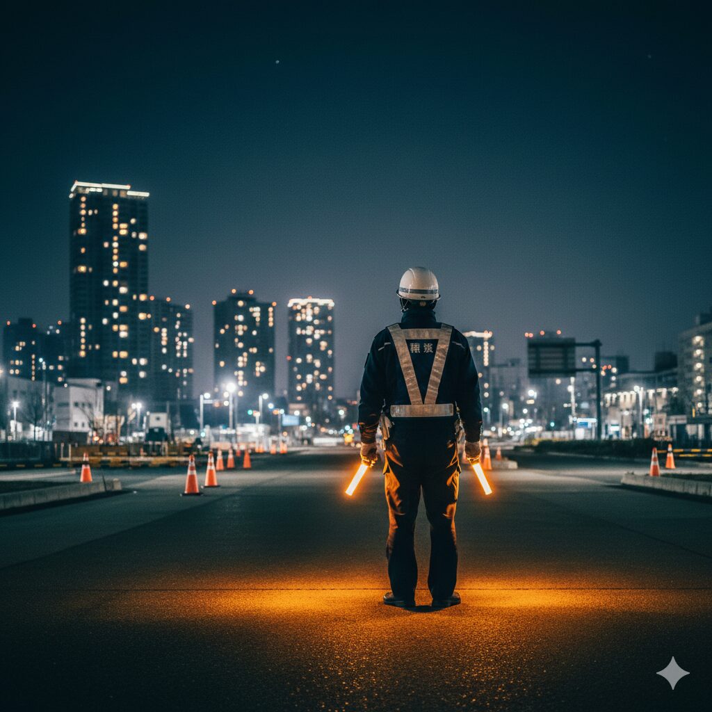 黄金色の誘導灯を手に夜の柏を守る警備員の背中