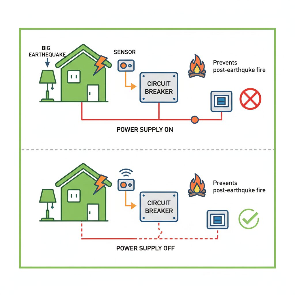 感震ブレーカーが作動し、通電火災を防ぐ様子を表すイメージ図