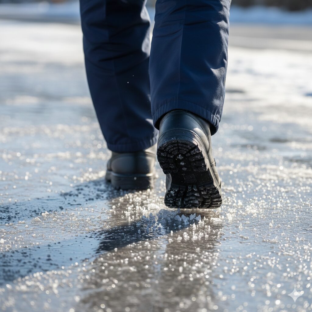 凍結した路面を慎重に歩く警備員の足元