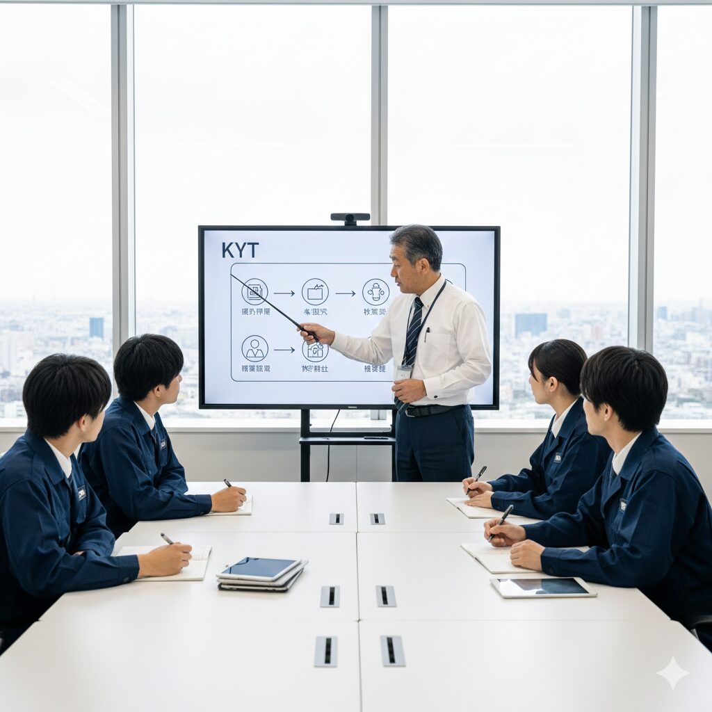 警備員が訓練室でホワイトボードを使い、危険予知訓練（KYT）を行っている様子