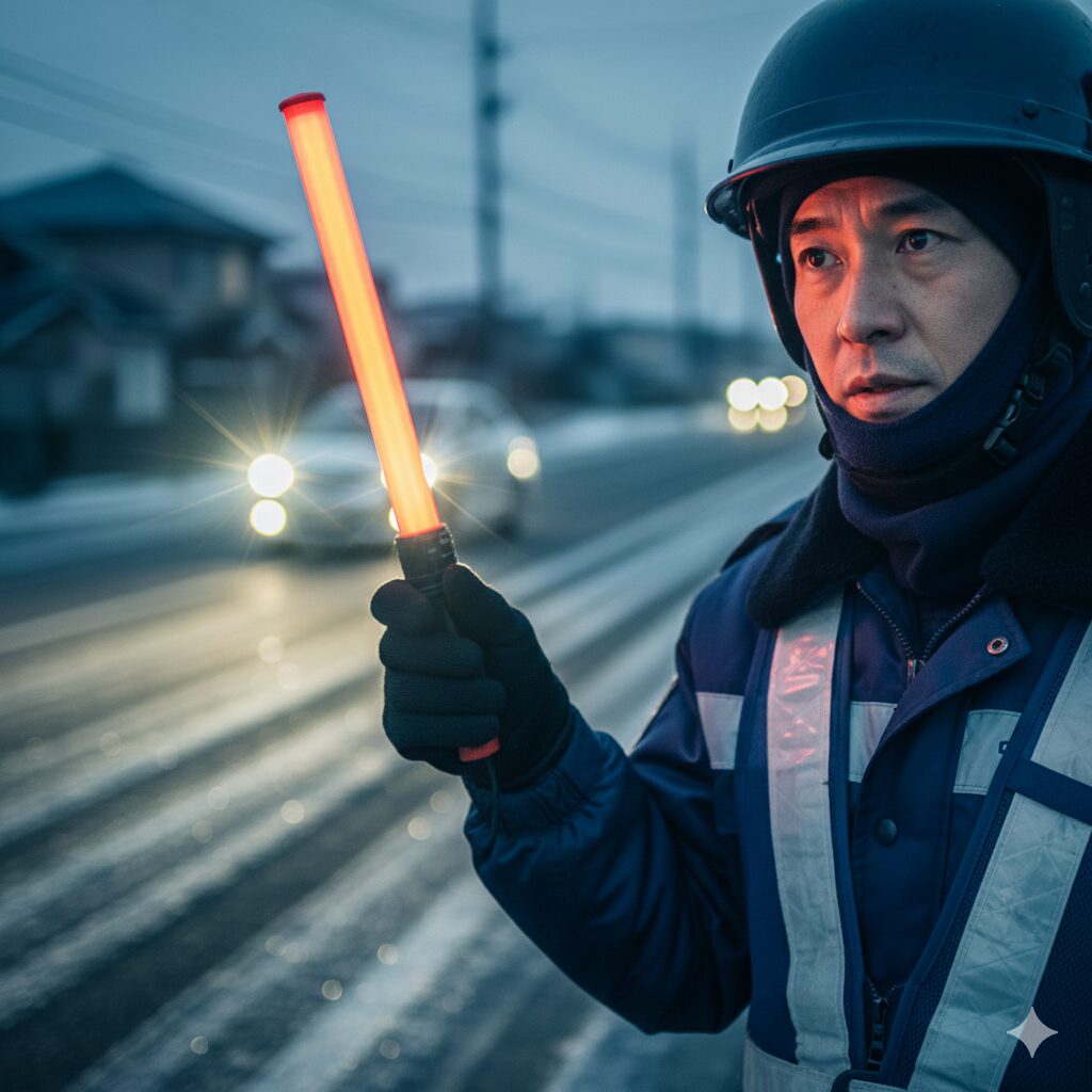 車の挙動を鋭い眼差しで見守るプロ警備員