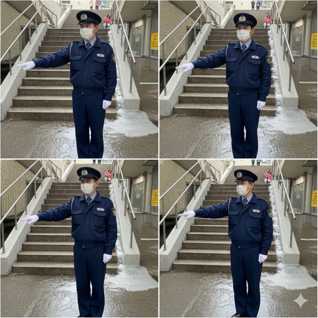 凍結した路面を指差し確認し、滑りやすい箇所をチェックしている警備員の様子