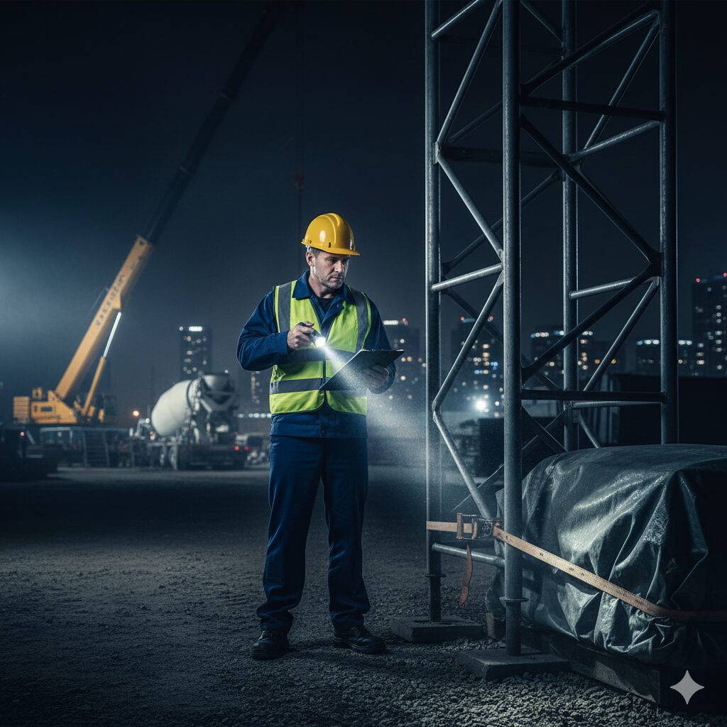 夜間の工事現場のゲート前で、誘導灯を持ち、巡回している警備員の様子