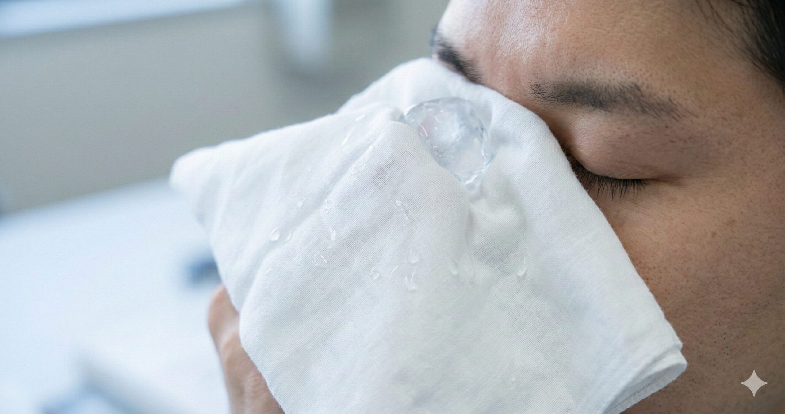 清潔な布で目を冷やして花粉のかゆみを和らげる様子