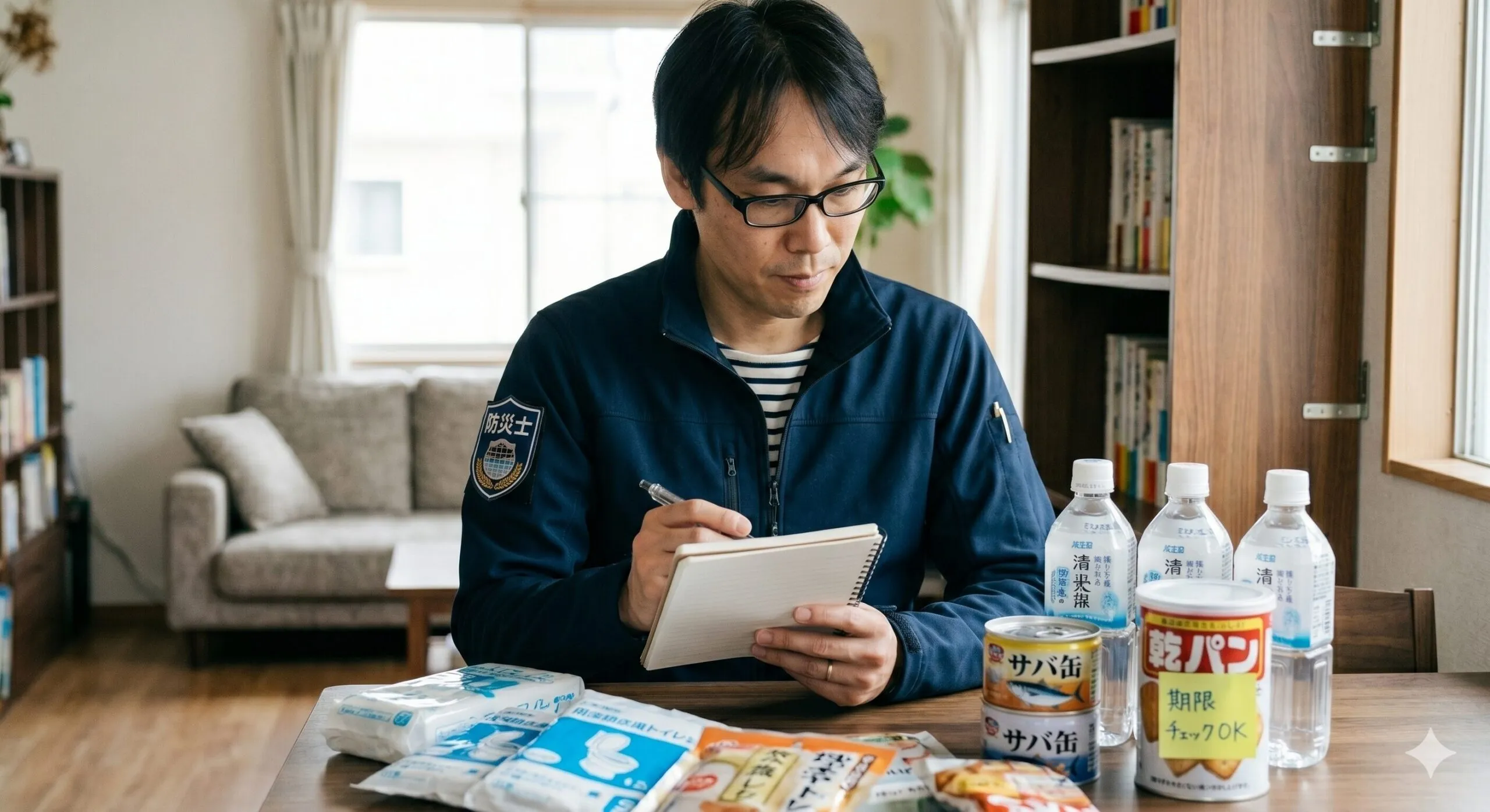 備蓄品を点検する防災士