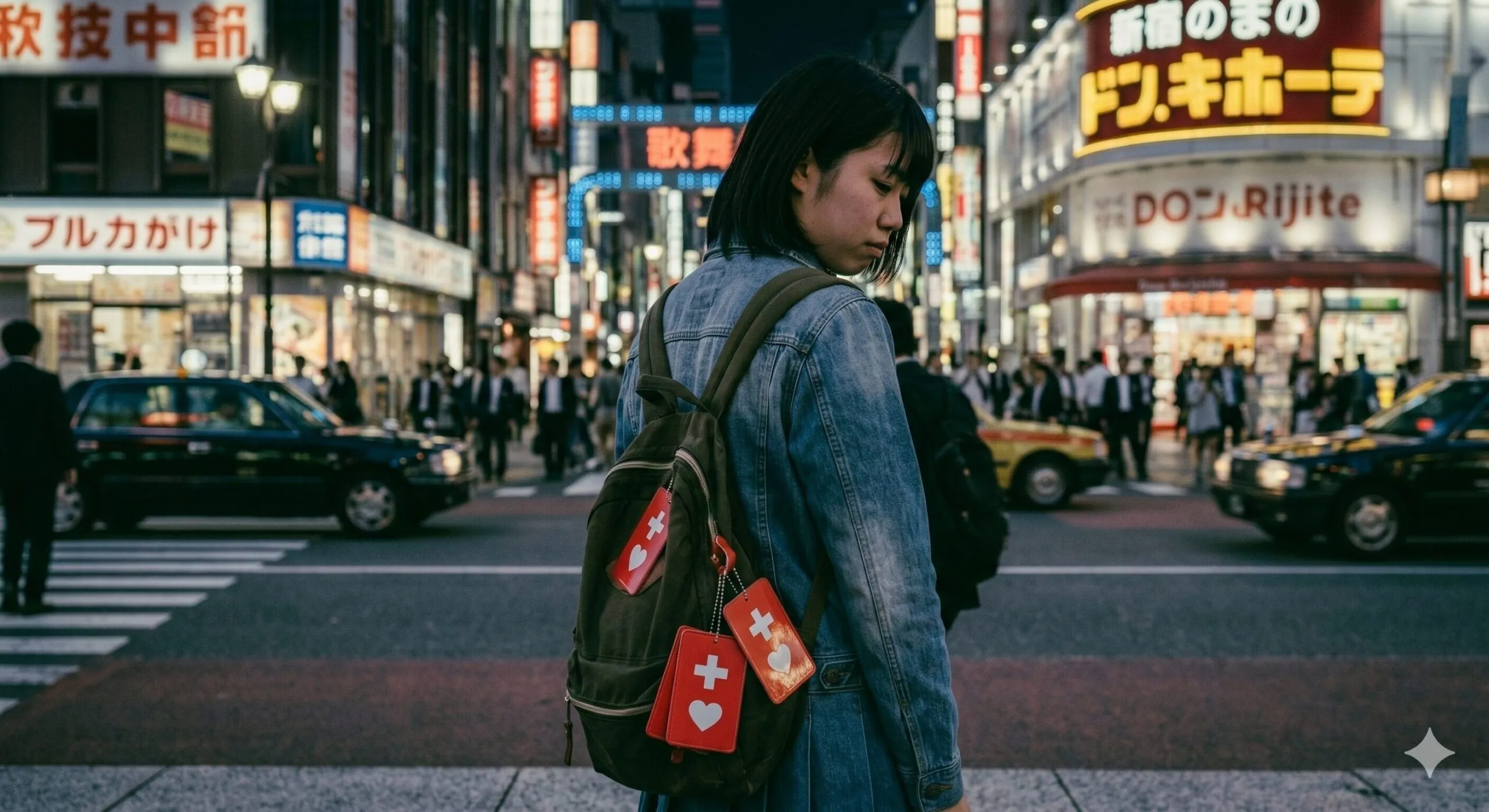 都会の雑踏で背後からの視線を感じるヘルプマークを付けた若者