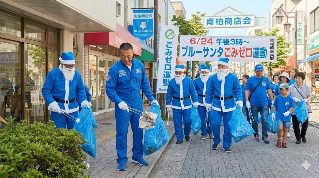 6月24日に南柏商店会と共催するブルーサンタゴミゼロ運動の告知バナーを掲げ、青いサンタクロースの衣装やアイテムを身に着けて街のゴミ拾いを行うボランティアたち。