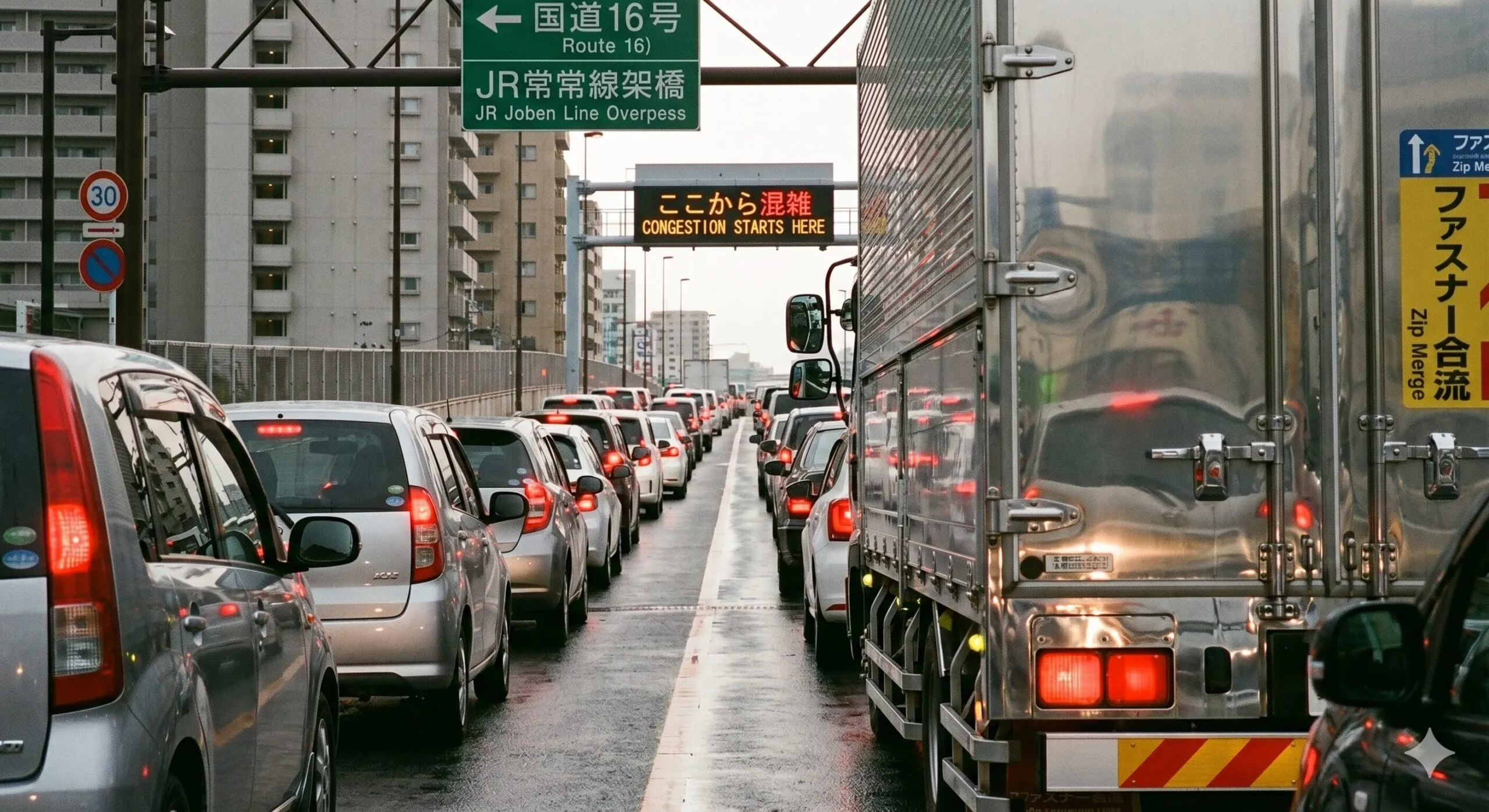 柏市内の慢性的な平日渋滞。陸橋の合流地点で車間距離が詰まり、前方の大型トラックのテールランプが赤々と光るドライバー視点の様子