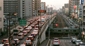 柏市内のJR常磐線を跨ぐ陸橋（常磐線架橋）で発生している、夕暮れ時の激しい渋滞の様子。柏駅や国道16号方面へ続く車列と、線路を走る電車の風景。