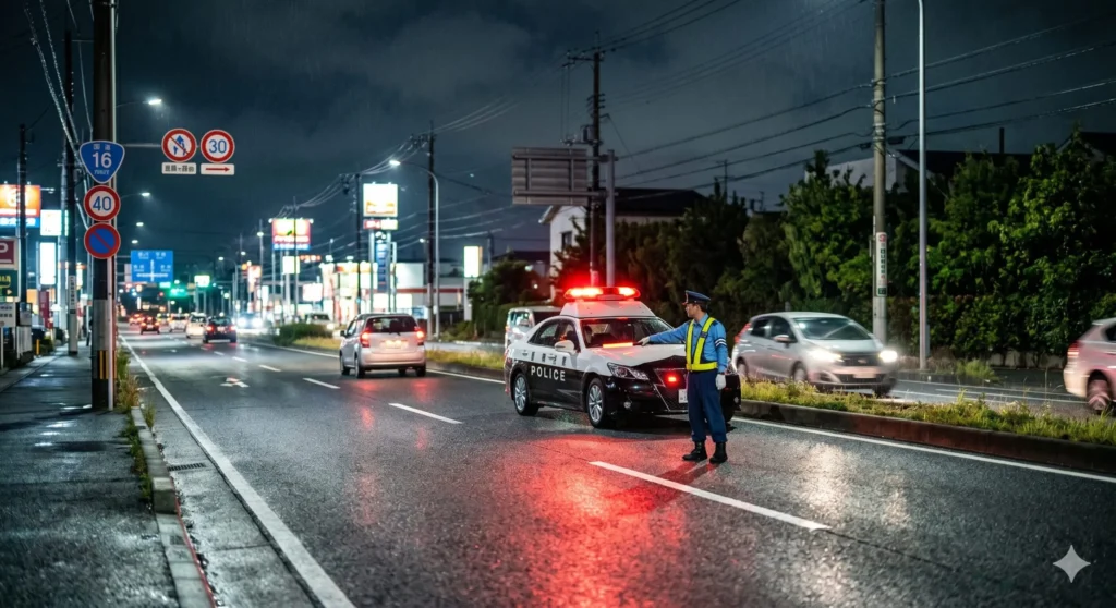 国道16号で発生した無免許運転事故の現場を規制するパトカーと警察官