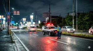国道16号で発生した無免許運転事故の現場を規制するパトカーと警察官