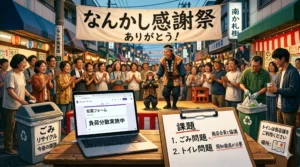 なんかし感謝祭の会場風景。ステージで日光猿軍団がパフォーマンスを行い、手前には投票用ノートPCと運営課題を記したボードが置かれている