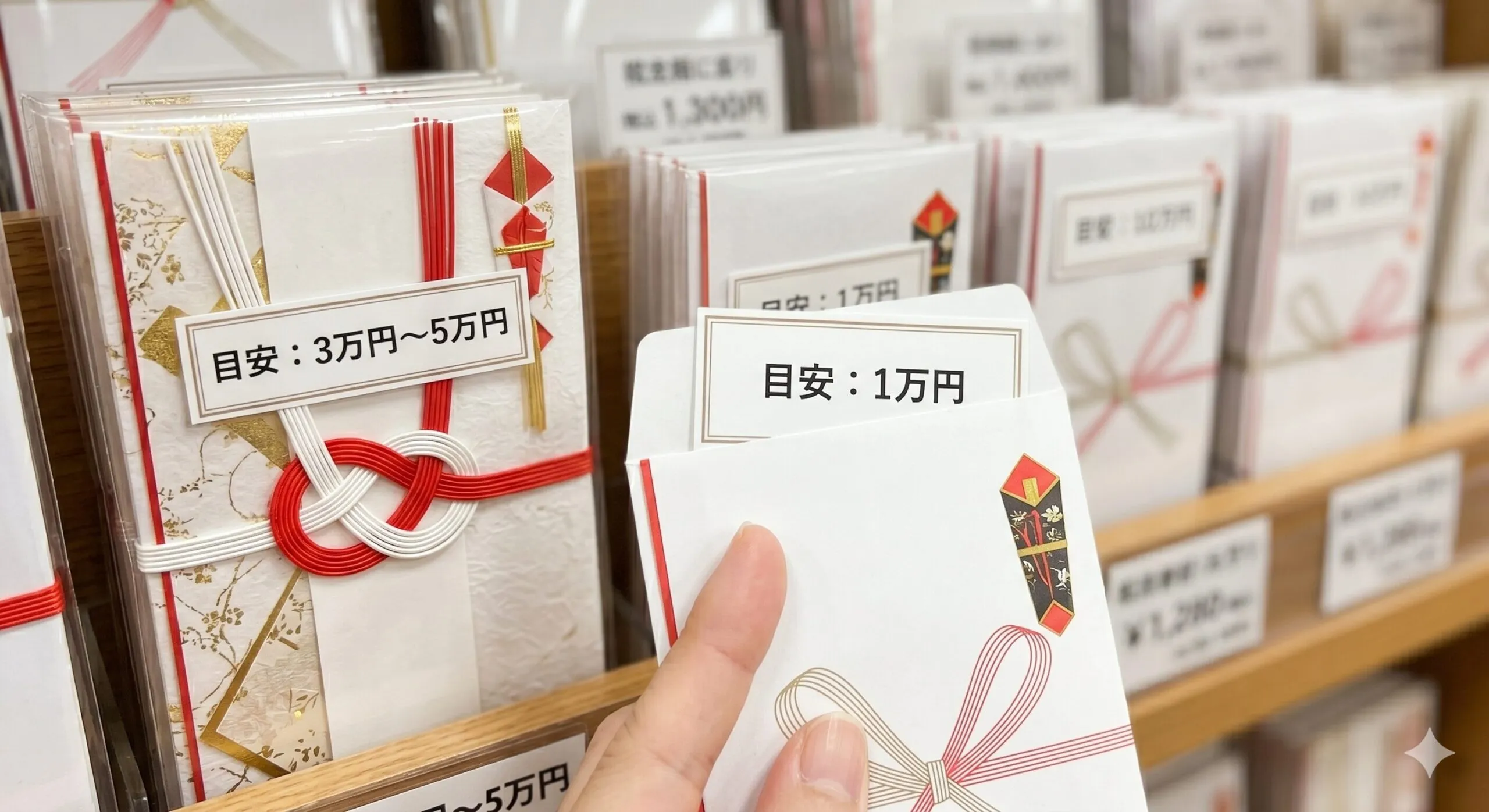 祝儀袋の格と金額のバランスや文具メーカーの配慮を連想させる挿絵