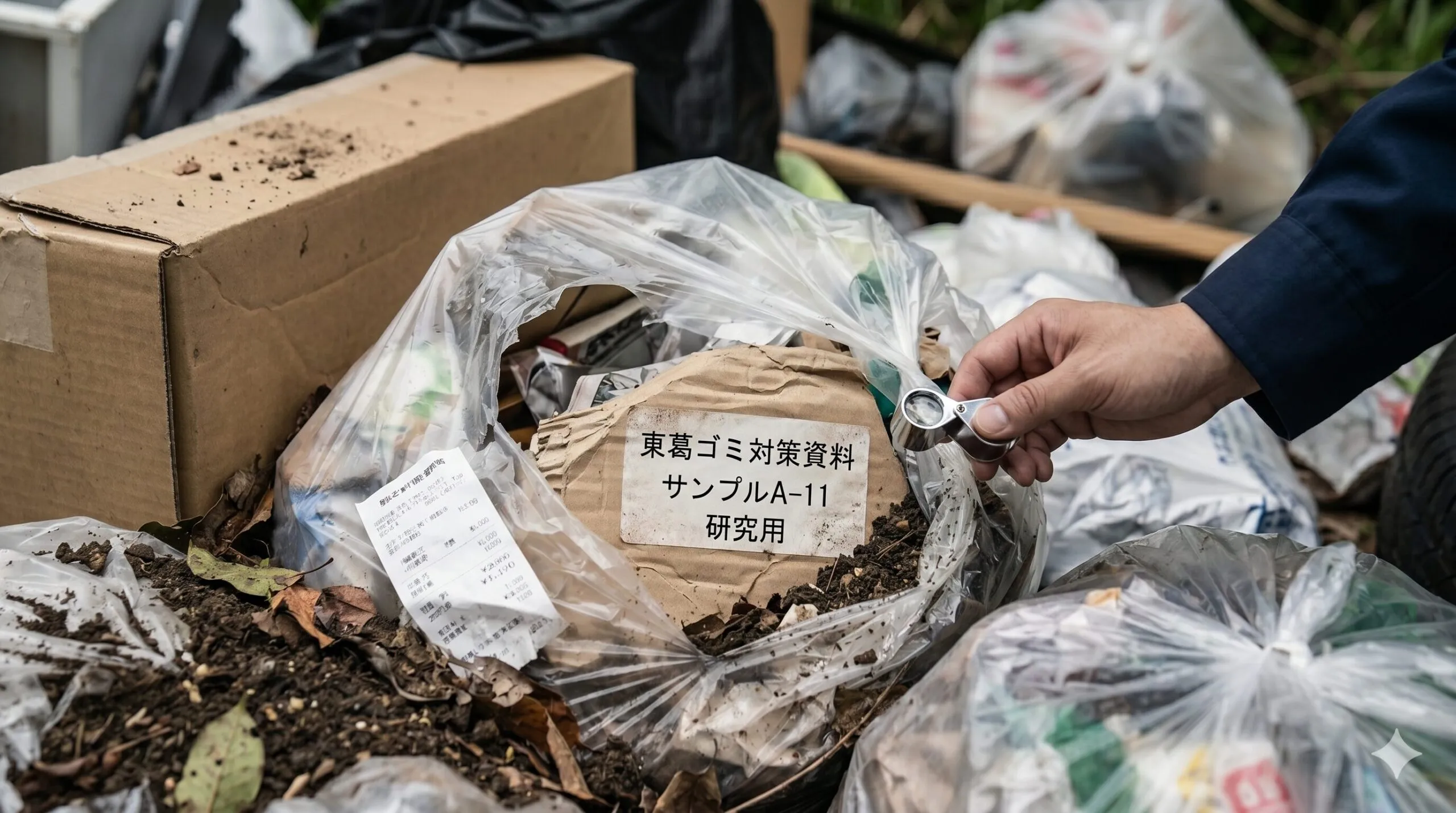 不法投棄されたゴミ袋の中から、犯人特定の証拠となる文字が書かれた書類やレシートを警備員が確認している様子