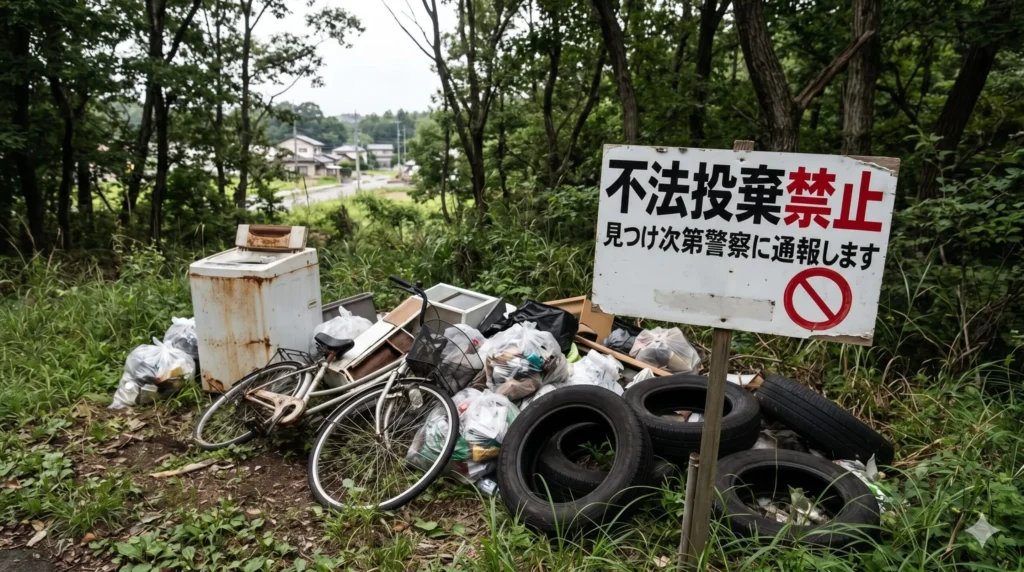 敷地内に不法投棄された家電やゴミの山と「不法投棄禁止 見つけ次第警察に通報します」と書かれた警告看板