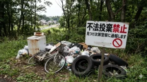 敷地内に不法投棄された家電やゴミの山と「不法投棄禁止 見つけ次第警察に通報します」と書かれた警告看板