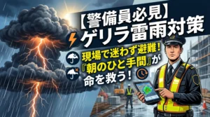警備員向けゲリラ雷雨対策のアイキャッチ画像。雷雨の迫る空と、タブレットで雨雲を確認する警備員、そして「朝のひと手間が命を救う」という文字が描かれている。