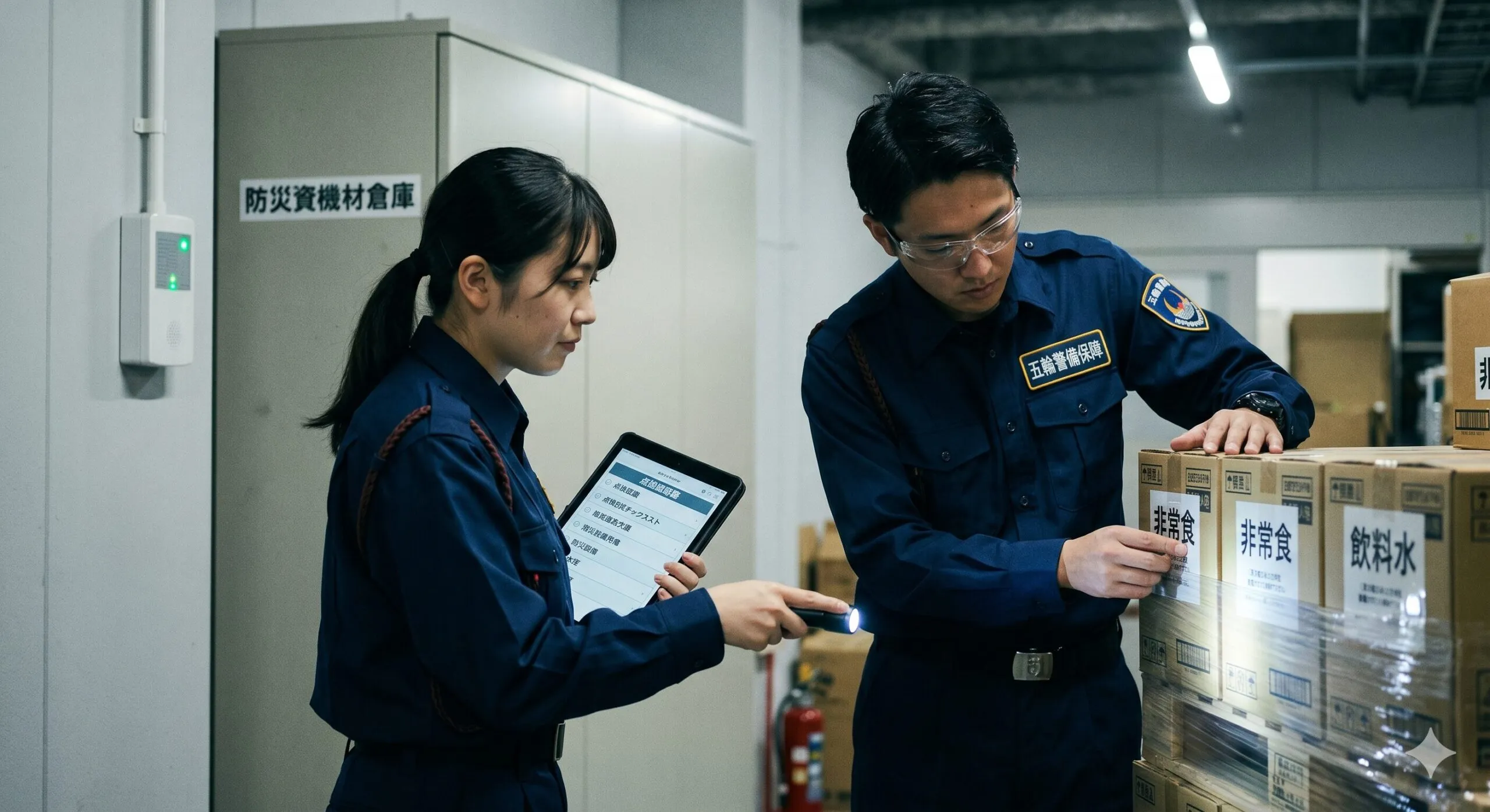 五輪警備保障の警備員が夜間の倉庫で備蓄品や消火器の安全点検を行っている様子