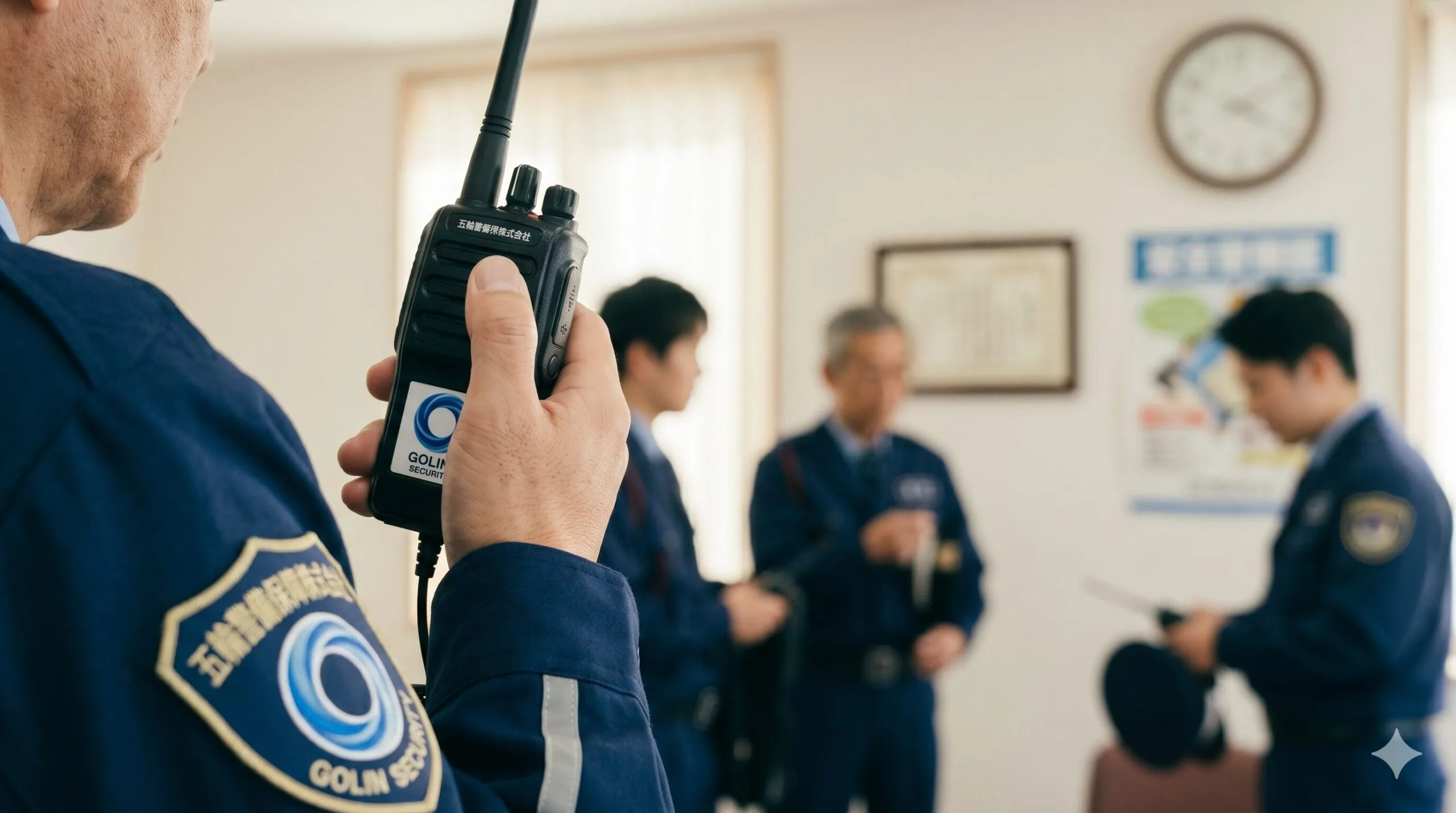 千葉県柏市・松戸市の五輪警備保障株式会社による、50代・ミドル層未経験向けの正社員求人ブログのアイキャッチ画像。コントロールルームを背景に、誠実な笑顔で温かく迎え入れる警備員スタッフのイラスト。