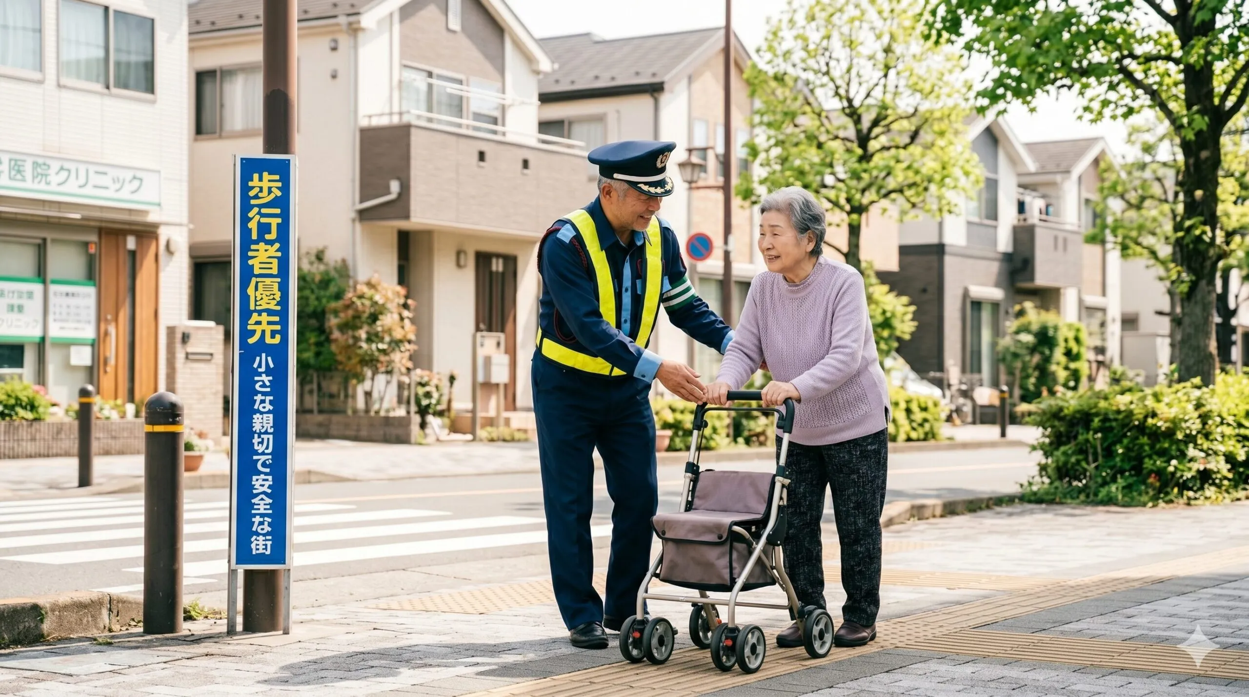 柏市の住宅街の横断歩道で、歩行者用シニアカー(押し車)を使う高齢女性に寄り添い、優しく声をかけながら安全に誘導する五輪警備保障株式会社の男性警備員。