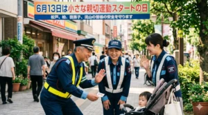 6月13日の「小さな親切運動スタートの日」を知らせる横断幕が掲げられた松戸の街並み。笑顔で市民と接する五輪警備保障株式会社の警備員3名と、ベビーカーに乗った子ども。