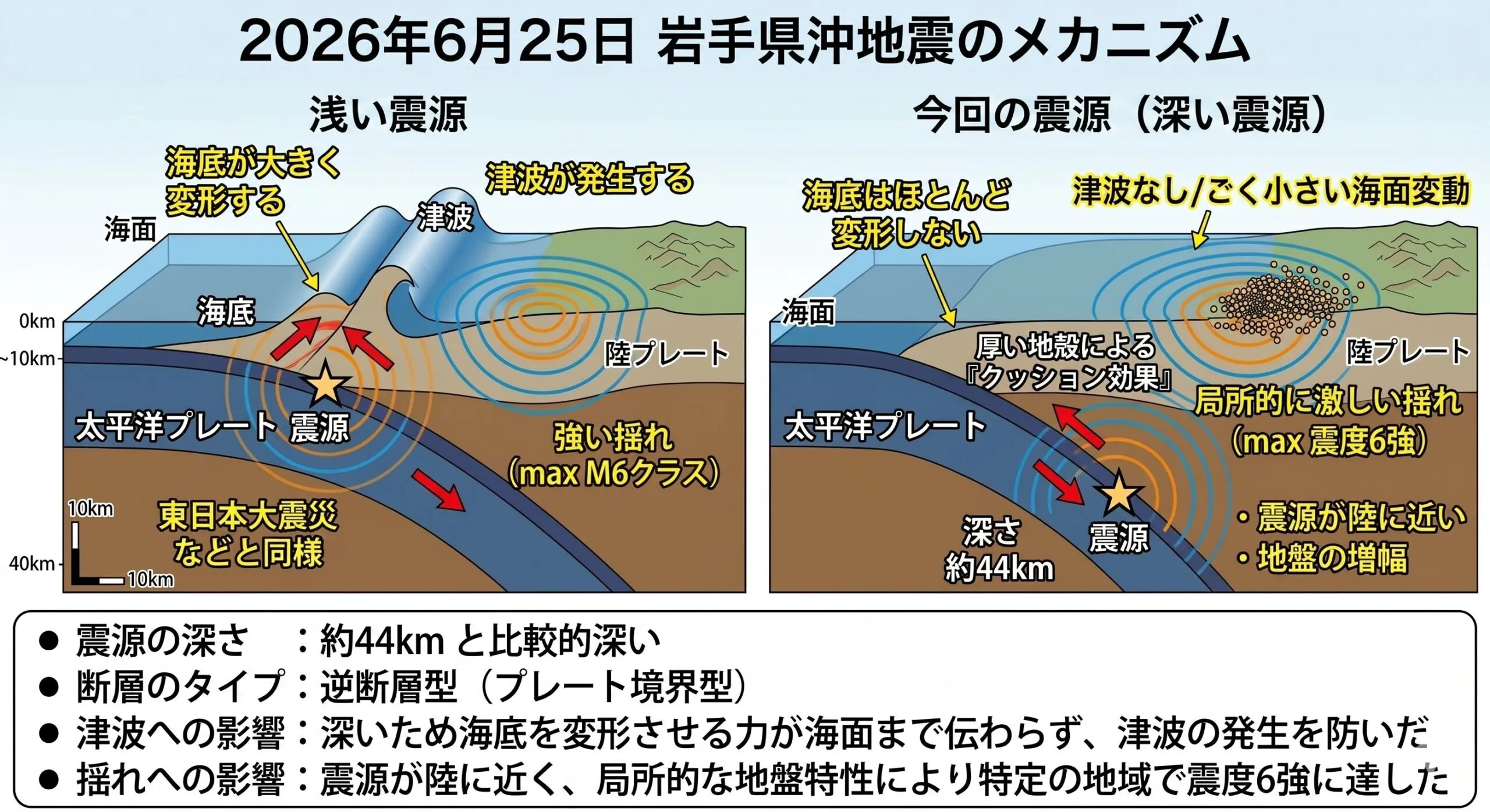 2026年6月25日 岩手県沖地震のメカニズム図解。深さ約44kmの深い震源のため、厚い地殻のクッション効果により海底が変形せず、津波の発生を防いだ仕組みのイラスト。