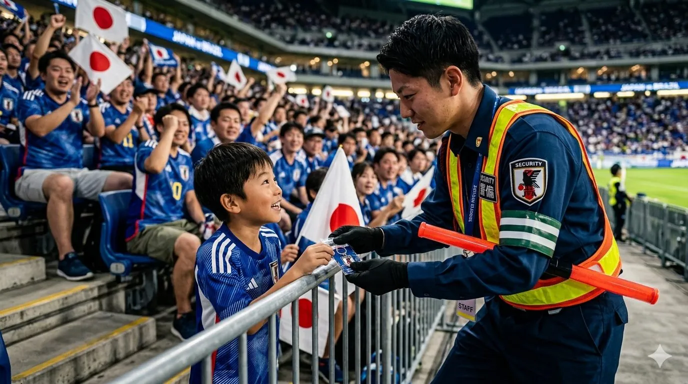 スタジアムで子供サポーターに笑顔で対応する警備員。元プロ選手やJリーガーの卵が下積み時代に経験した警備バイトの温かい一面をイメージ。