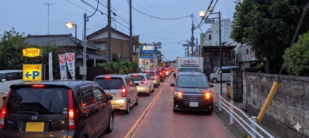 夕暮れ時の柏市の狭い一車線道路(旧日光街道)で、右折待ちの車によって発生した数珠つなぎの渋滞。デニーズや小菅パンのトラックが見える。