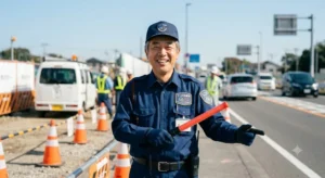 道路上で笑顔で交通誘導を行う五輪警備保障の警備員。未経験から活躍する仲間があなたの新しいスタートを応援します。