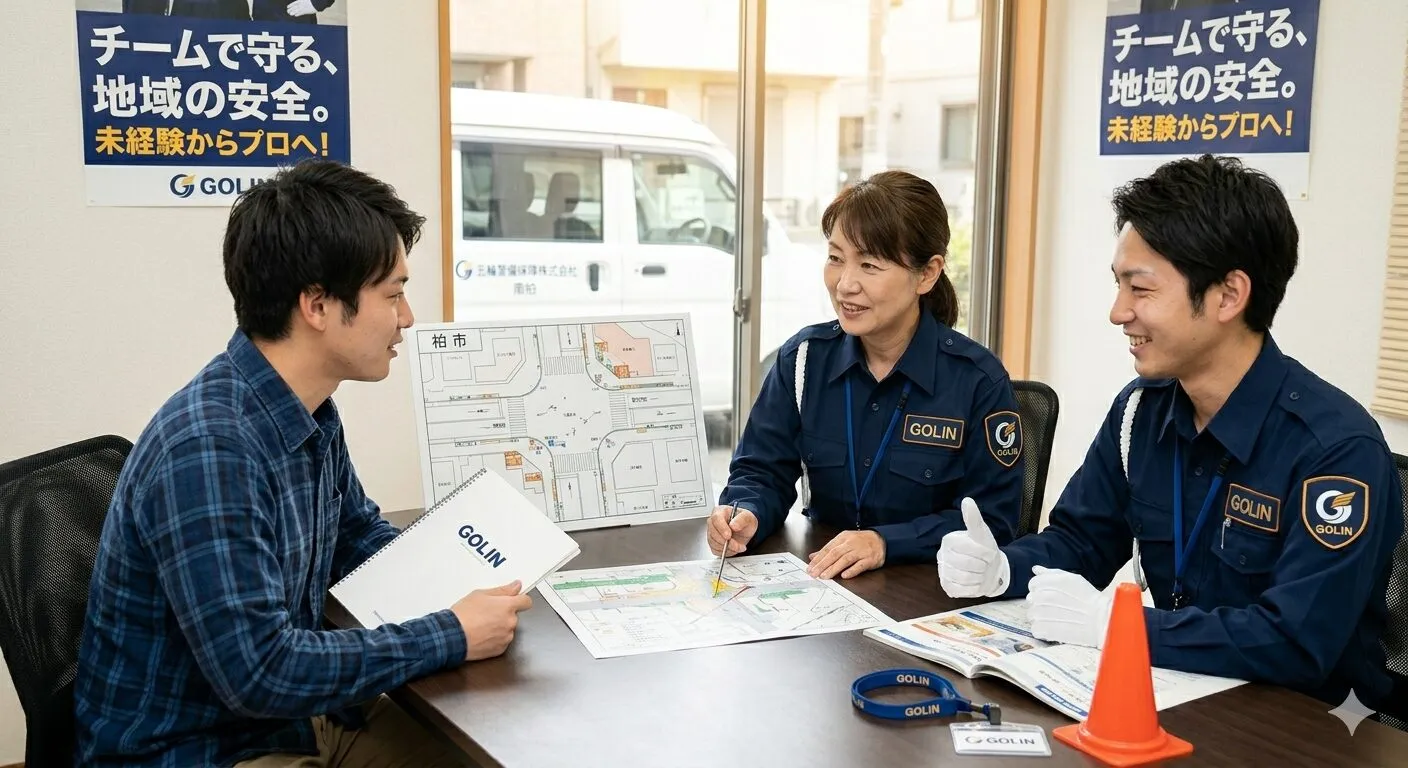 五輪警備保障の松戸営業所での研修風景。笑顔のベテラン警備員が、地図を使って新人スタッフに丁寧に仕事を教えている様子。