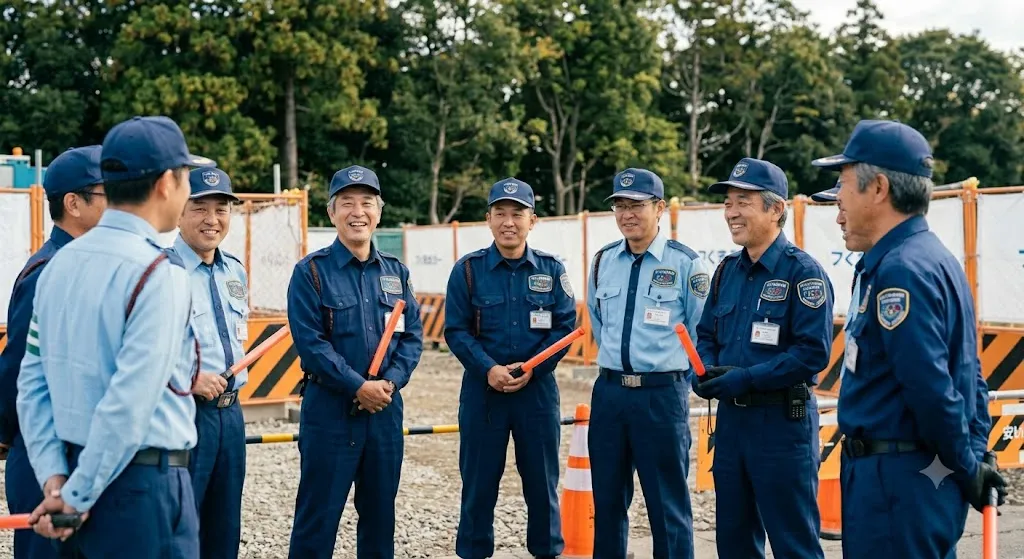 工事現場で笑顔で談笑する五輪警備保障の警備員たち。未経験や大人しい方もすぐに馴染める、温かい職場の雰囲気。