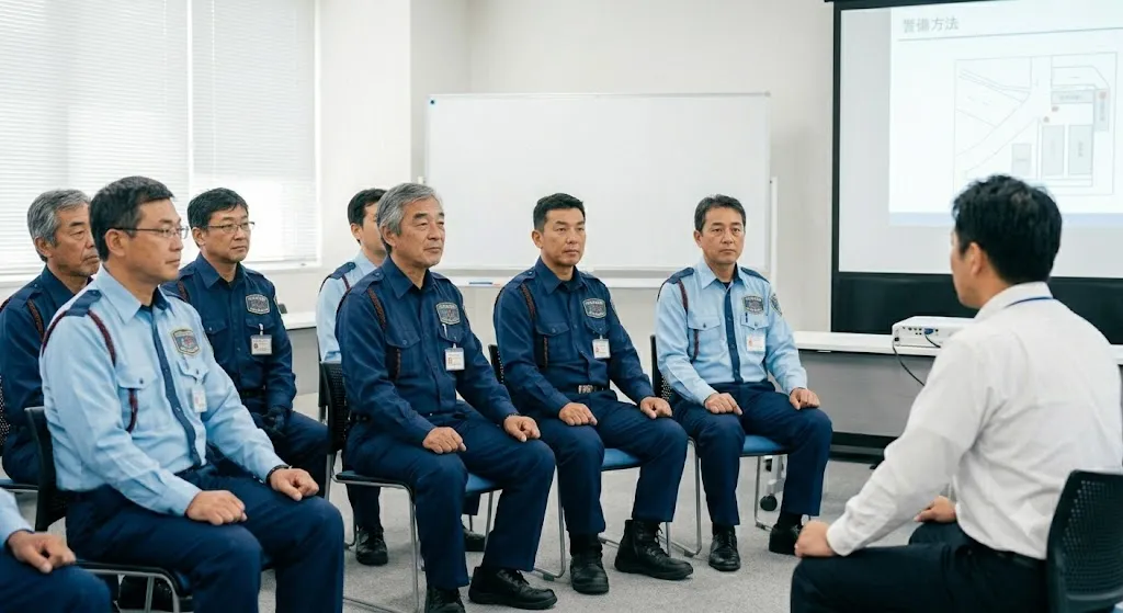 座学研修を受ける五輪警備保障の警備員たち。ニート期間や長期のブランクから就職・社会復帰を目指す方も、丁寧な研修で安心してスタートできます。
