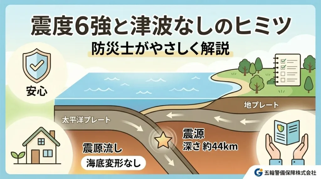 震度6強と津波なしのヒミツを防災士が図解するイラスト。太平洋プレートが沈み込む深さ約44kmの震源で地震が発生した際、海底変形がなく津波が発生しない仕組みを、浅い震源と比較して説明。クッション効果により海底が変形しないことを強調し、安心感と備えの重要性を伝える。五輪警備保障株式会社のロゴ入り。