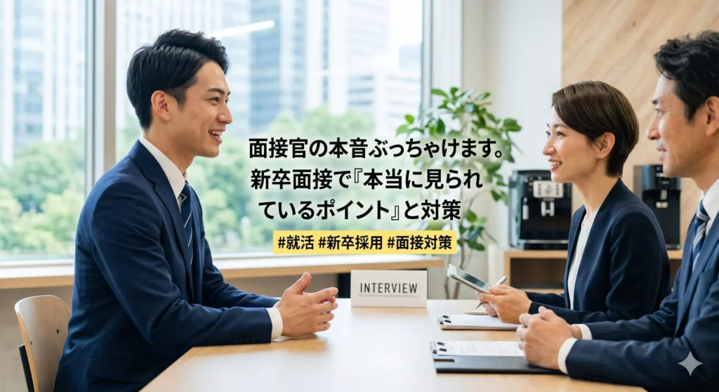 明るいオフィスで、笑顔の就活生と2人の面接官が机を挟んで和やかに会話している様子。画像中央には「面接官の本音ぶっちゃけます。新卒面接で『本当に見られているポイント』と対策」というタイトルと、就活・新卒採用・面接対策のハッシュタグが記載されている。