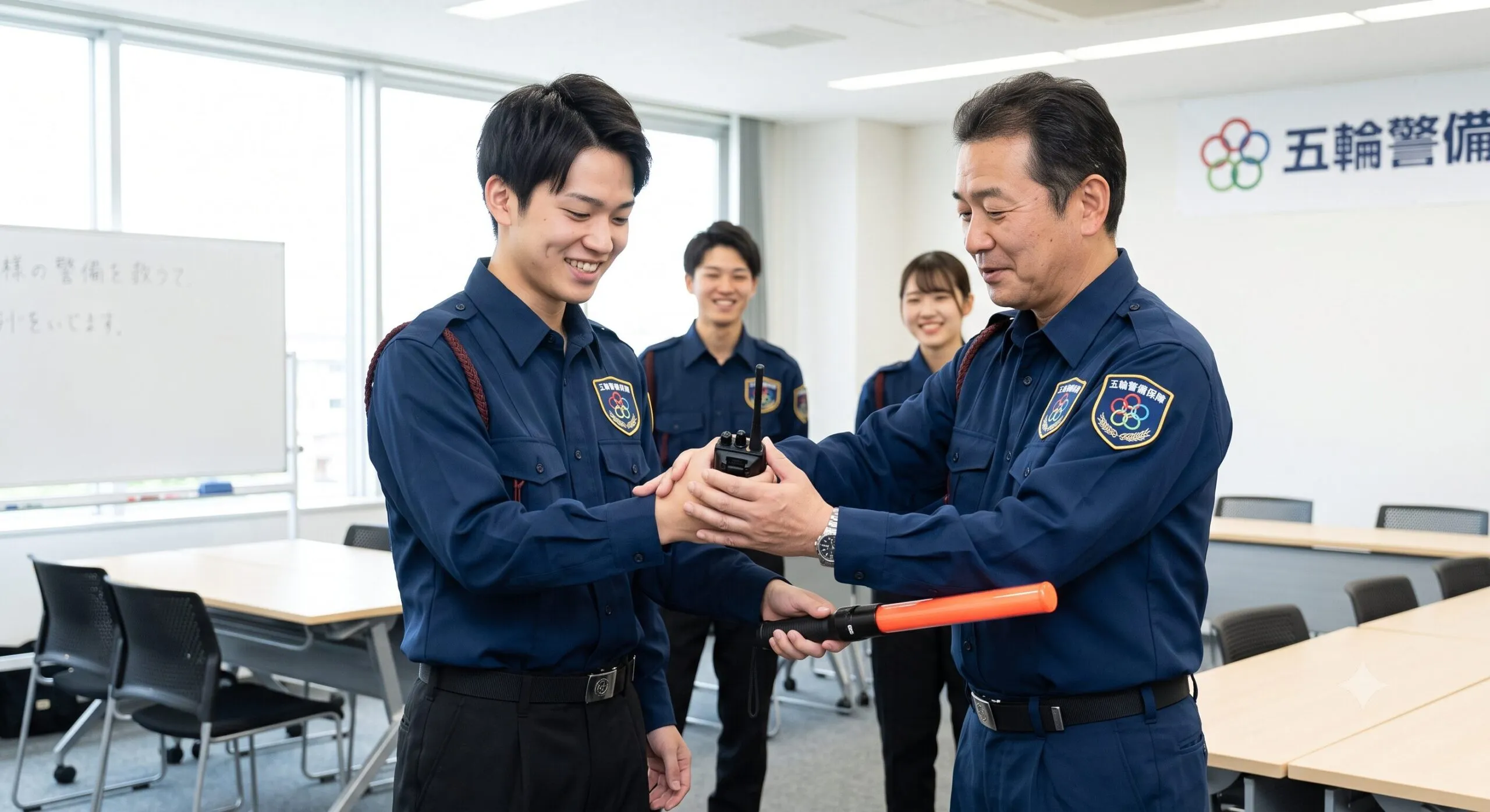 五輪警備保障の研修で先輩社員から指導を受ける様子