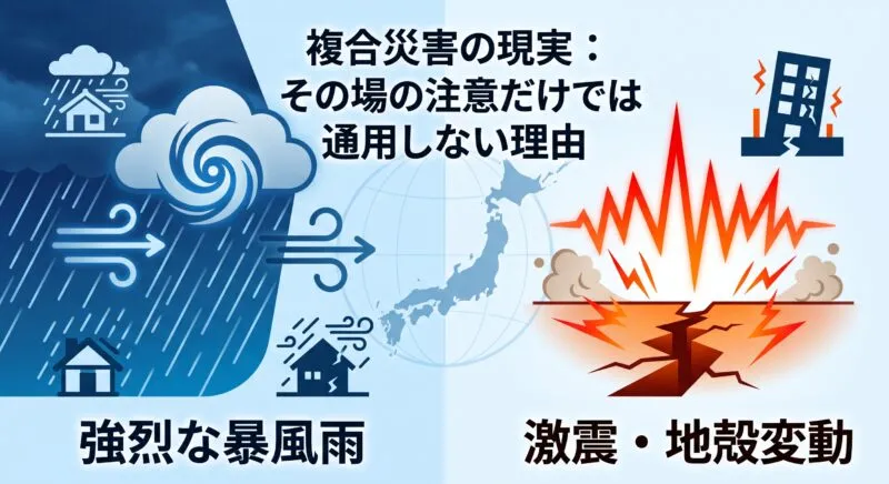 台風の暴風雨と地震の揺れが重なる複合災害のリスクを解説するアイキャッチ画像