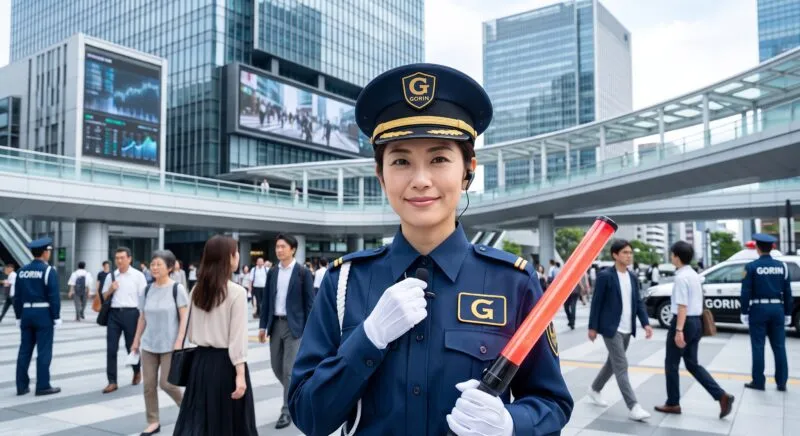 都市部の現場で笑顔で安全誘導を行う女性警備スタッフ