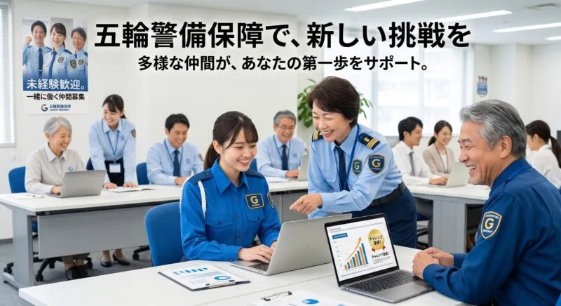五輪警備保障のオフィスで先輩からサポートを受けながら笑顔で働くスタッフたち