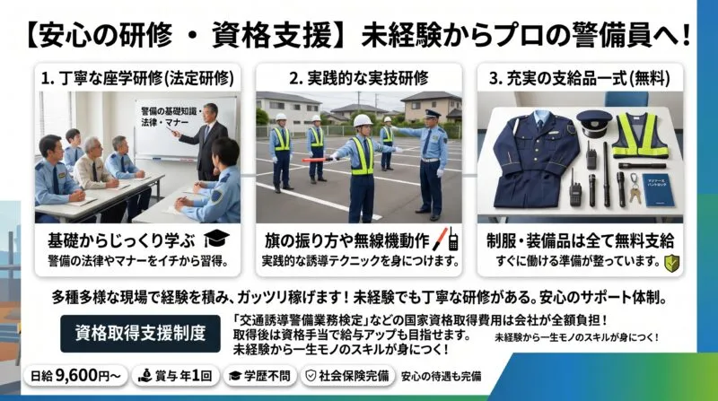 安心の研修・サポート体制:座学研修・実技研修・支給品一式