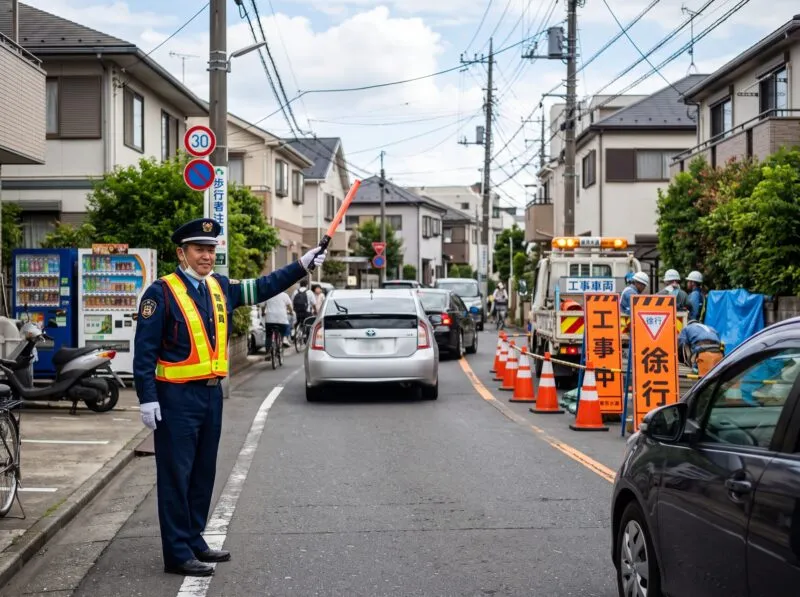 実際の道路工事現場での交通誘導警備の様子