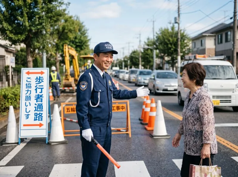 歩行者を丁寧に案内する交通誘導警備の様子