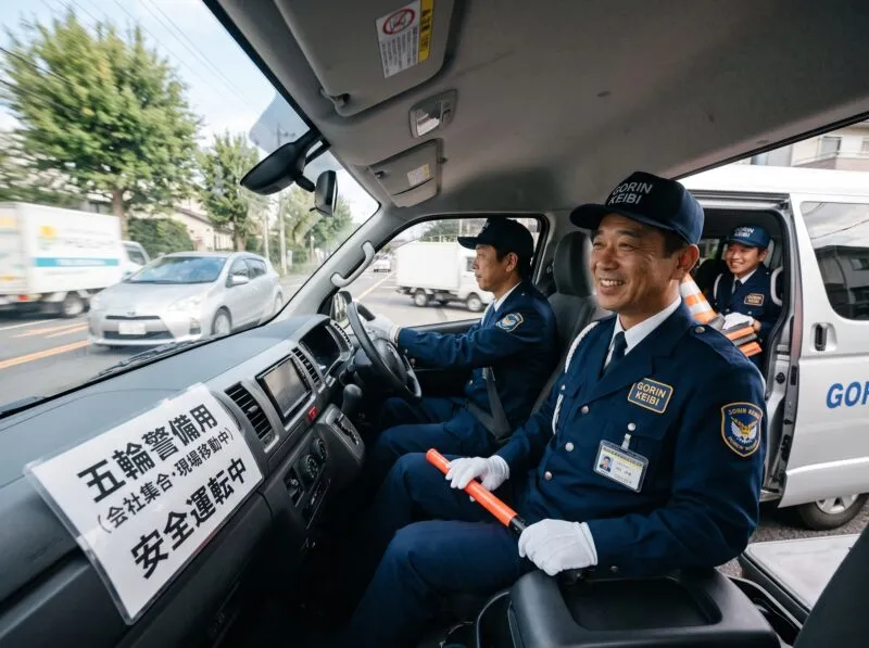 五輪警備の社用車で仲間と一緒に現場へ移動