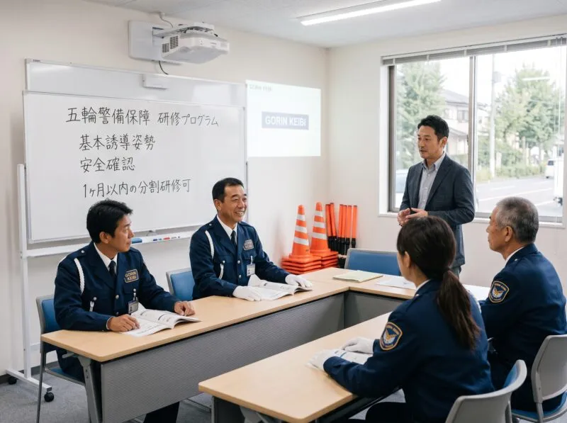 室内で分かりやすく学べる五輪警備の研修風景
