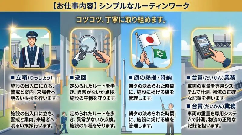 仕事内容:立哨・巡回・旗揚げ・台貫業務