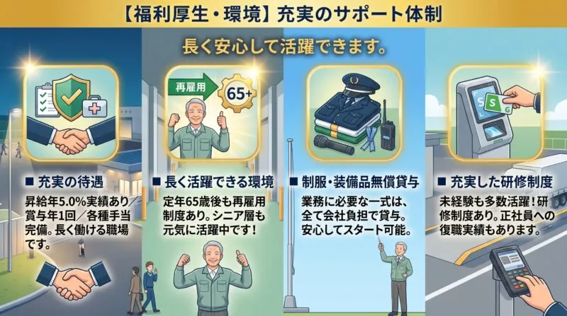 福利厚生・環境:充実の待遇・長く活躍できる環境・制服無償貸与・研修制度