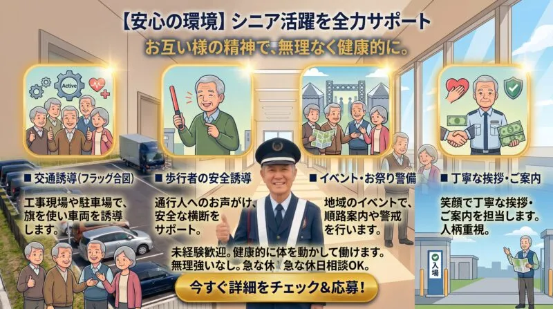 仕事内容:交通誘導・歩行者案内・地域イベント警備・シニア活躍中