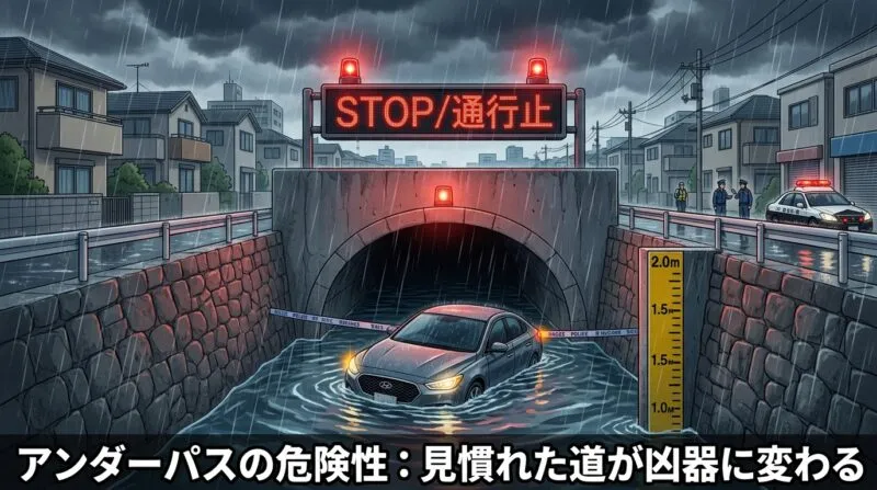 浸水したアンダーパス内で水没・立ち往生した乗用車と作動中の通行止め標識・水深計
