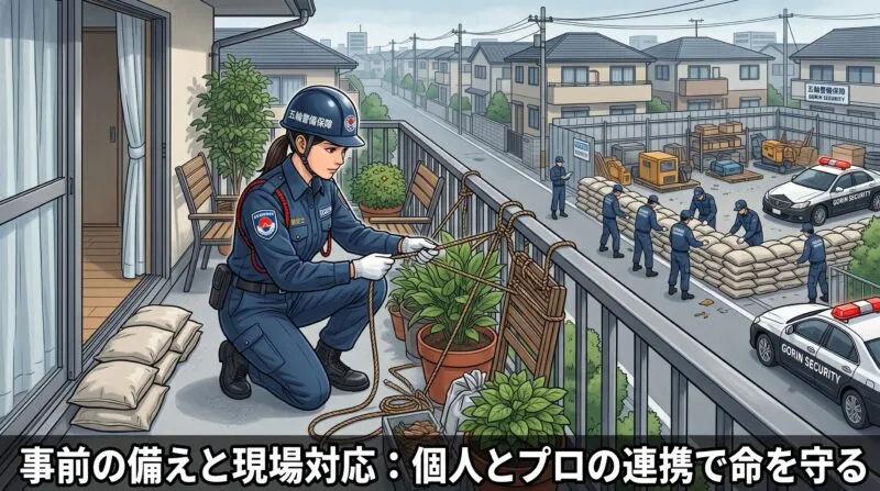 ベランダのプランターや資材をロープで固定(固縛)する防災士と、現場で土のうを積む警備スタッフ