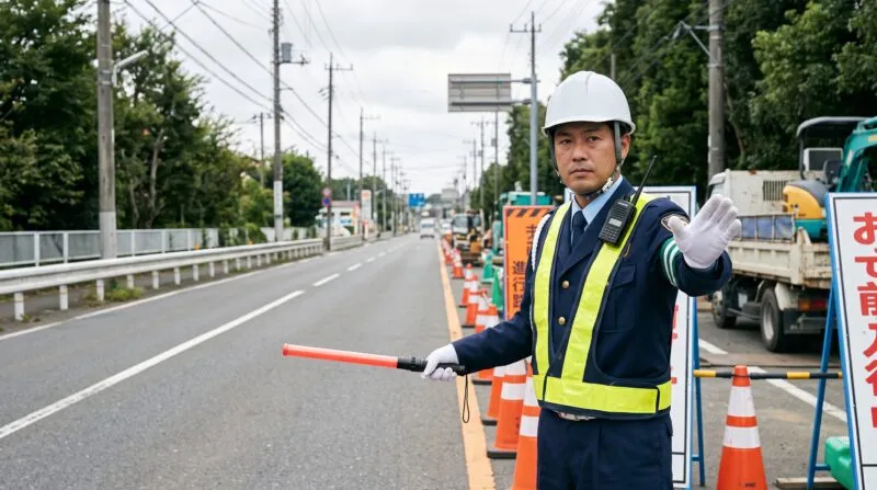 我孫子の主要県道工事で車両を一時制止する五輪警備保障の交通誘導警備員